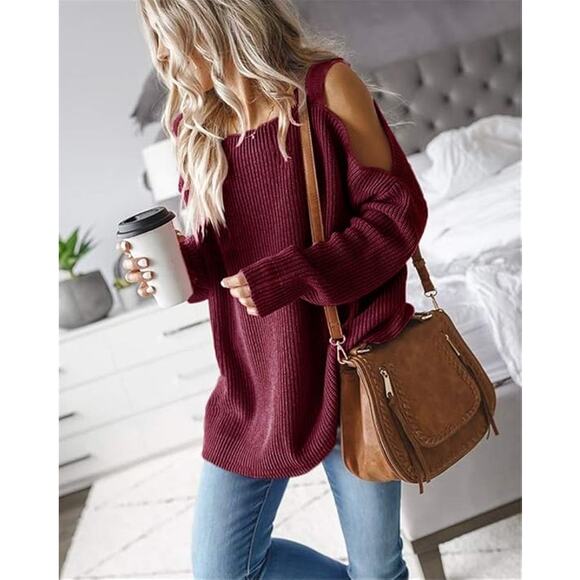 New Small Cold Shoulder, Oversized, Square Neck, Chunky, Batwing Tunic Sweater - Picture 3 of 4